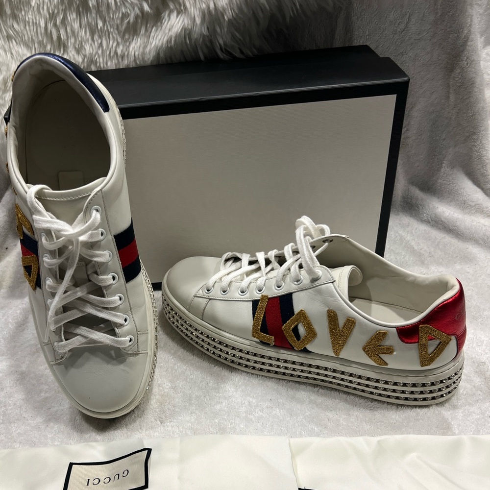 Gucci Women’s Ace “LOVED” Rhinestone Platform Sneakers Size 41EU/11US - Picture 4 of 11